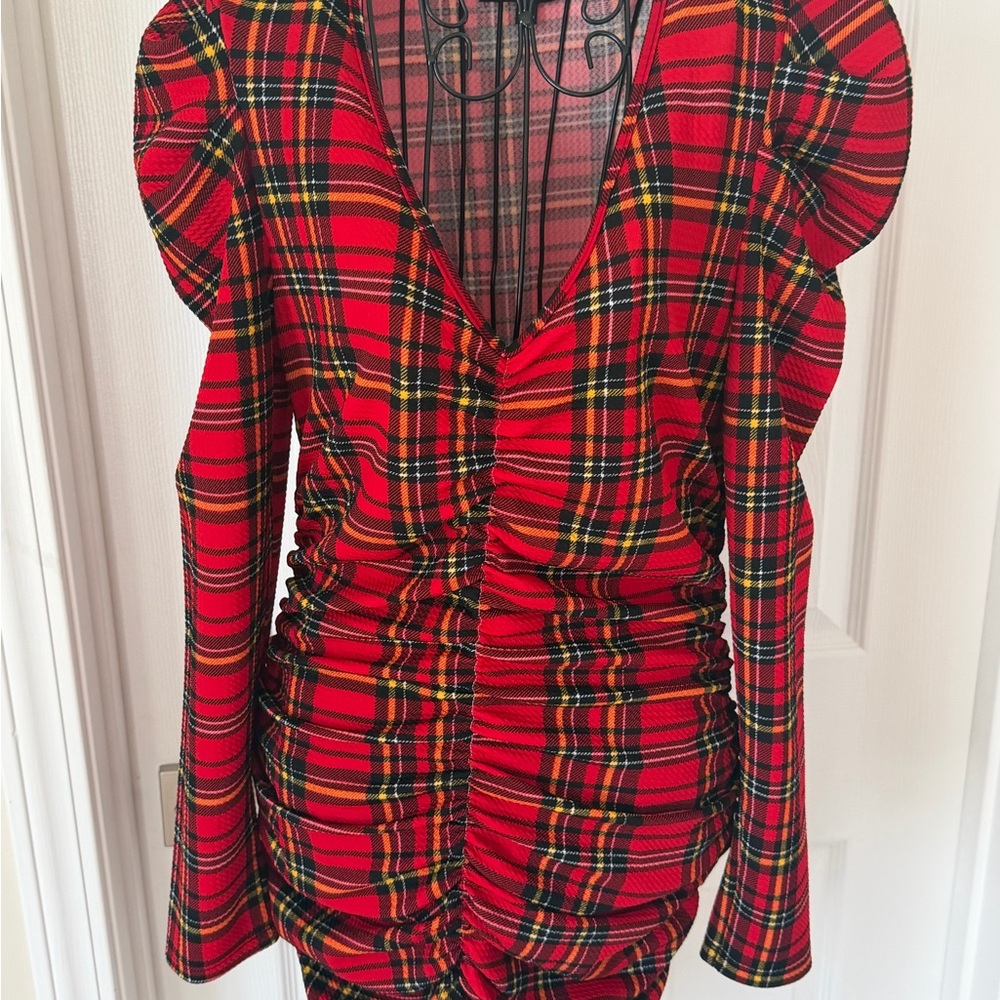 Absolutely Red Plaid Ruched Long-Sleeve Tunic with Puff Shoulders